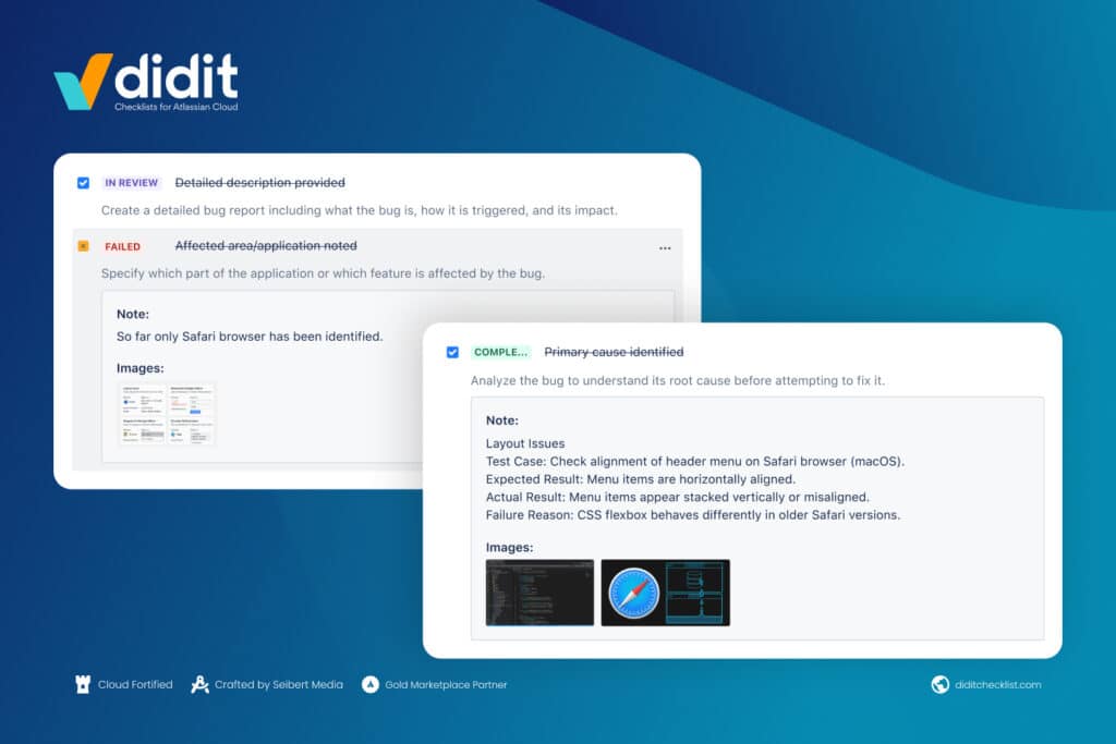 Add notes and images to bug checklists in Jira