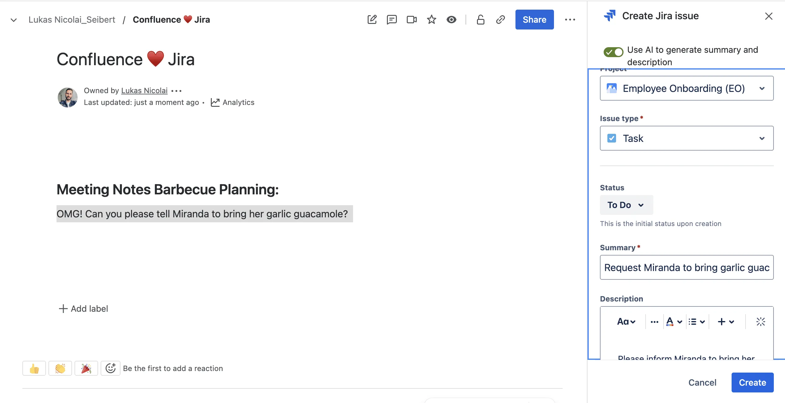 Create Jira Issue from Confluence via Rovo AI
