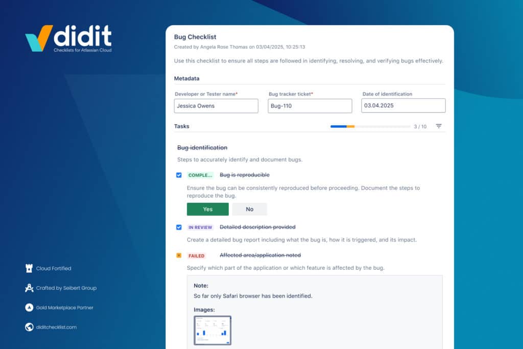 Bug reporting checklists in Jira issues