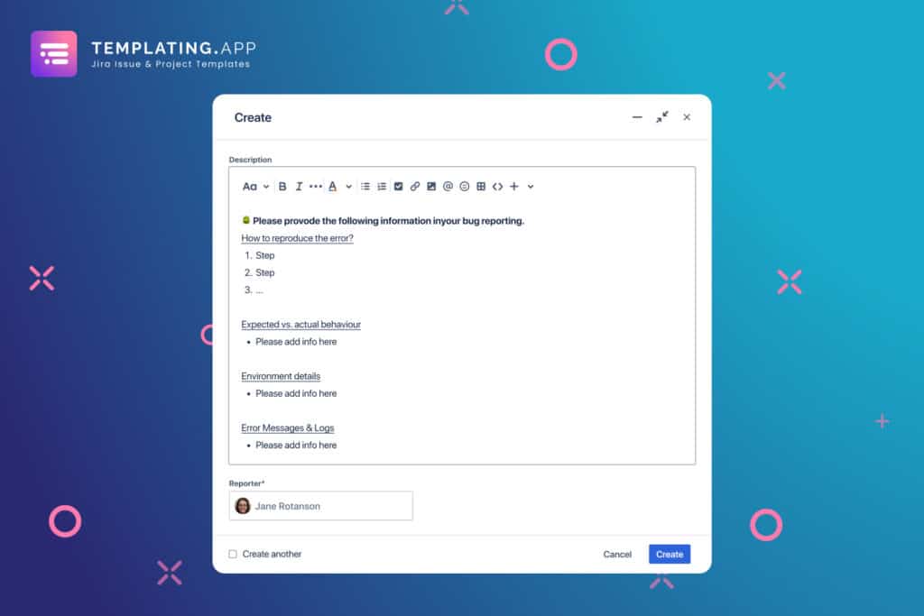 Bug reporting issue template in Jira