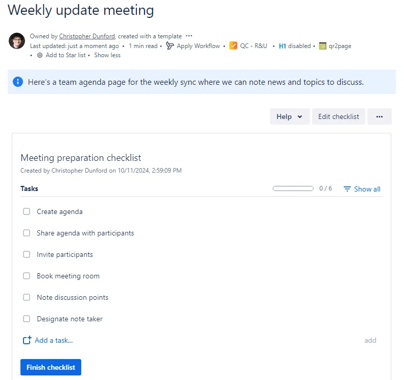 Screenshot of Confluence page with Didit checklist
