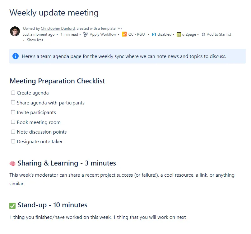 Screenshot of Confluence template with action item checklist