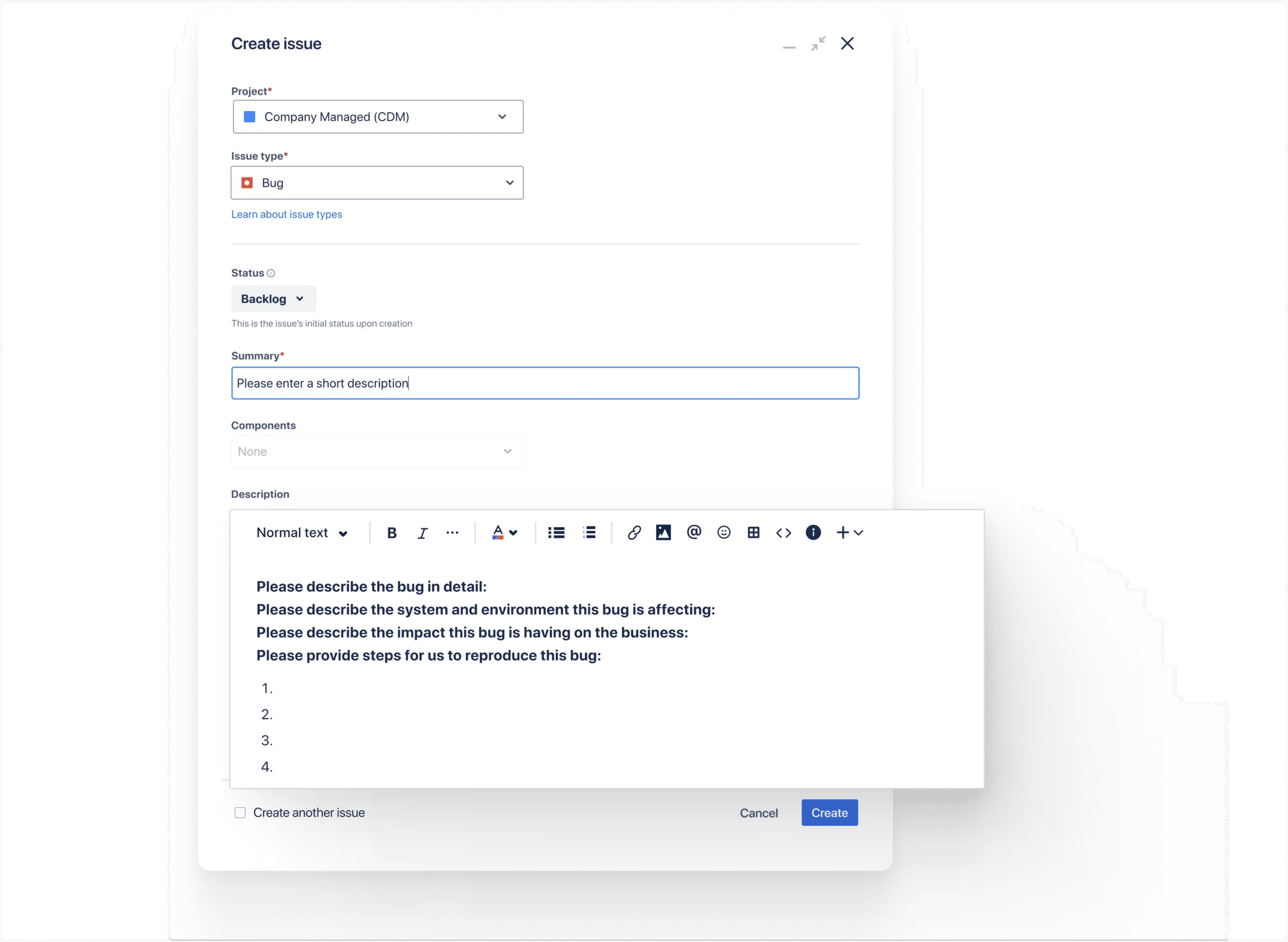 Improving issue creation with a Jira description template-creating bug report