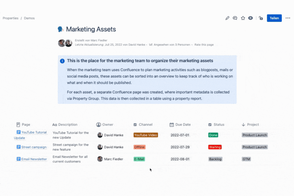 Marketing campaign tracking with Properties in Confluence