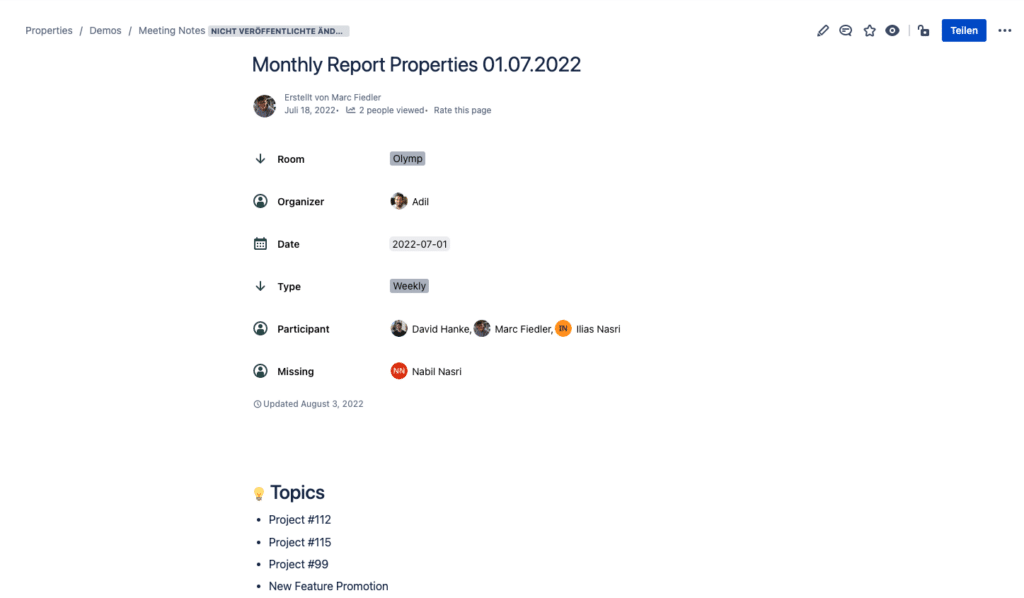 Agile meeting notes with Properties in Confluence