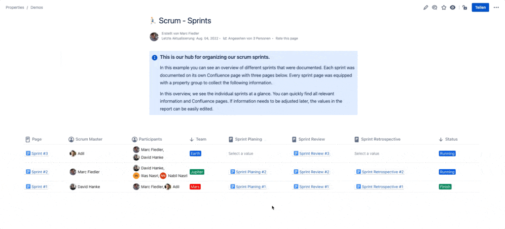 Sprint planning with Properties in Confluence