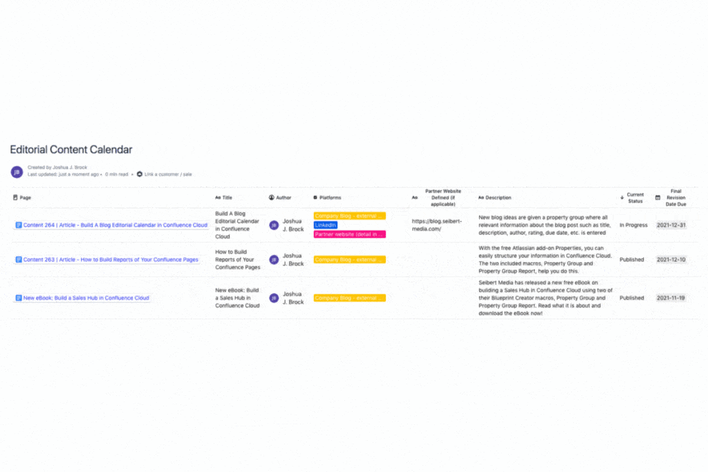 Editorial calendar with Properties in Confluence