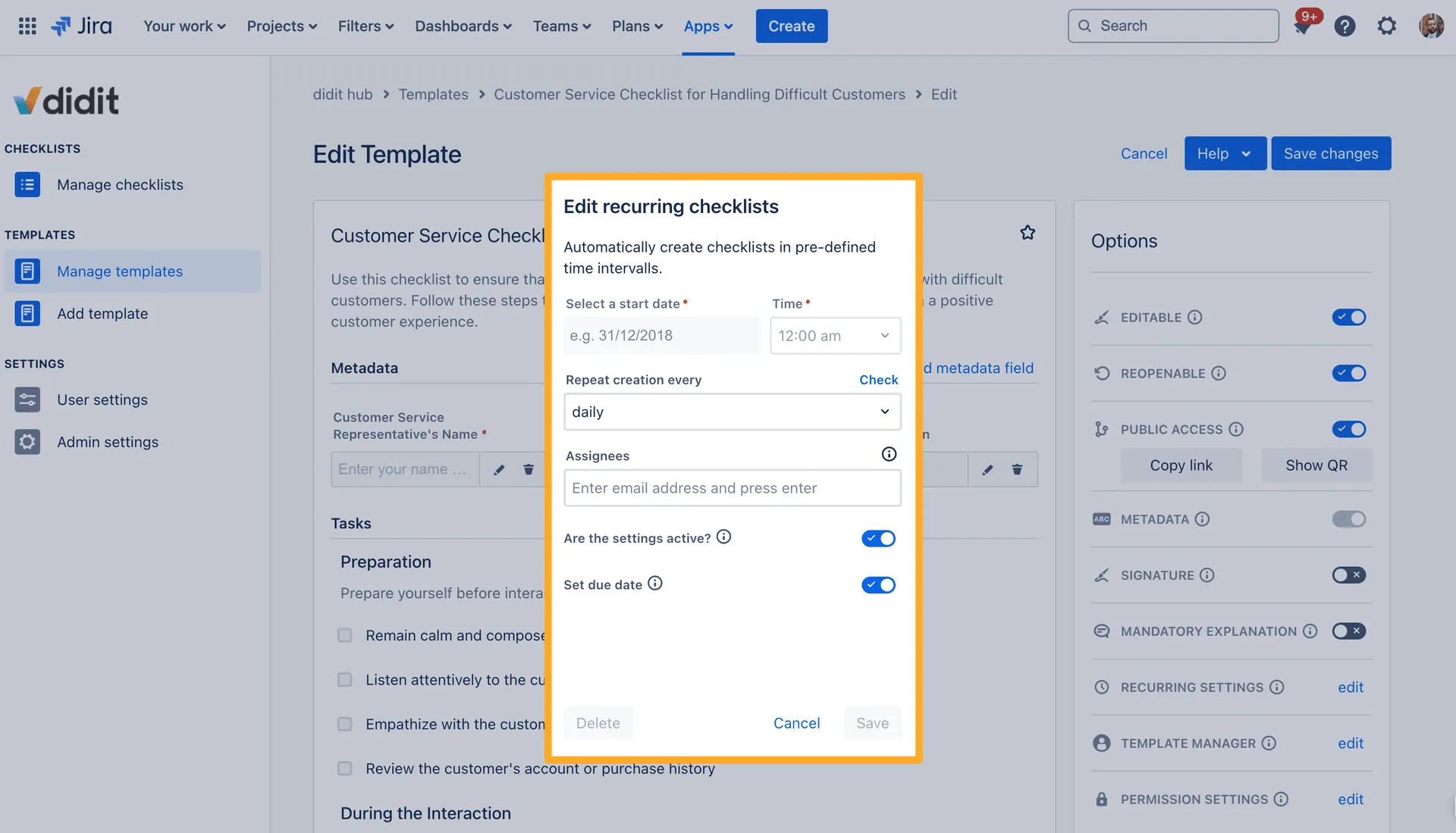 Screenshot of Confluence recurring checklists feature in Didit