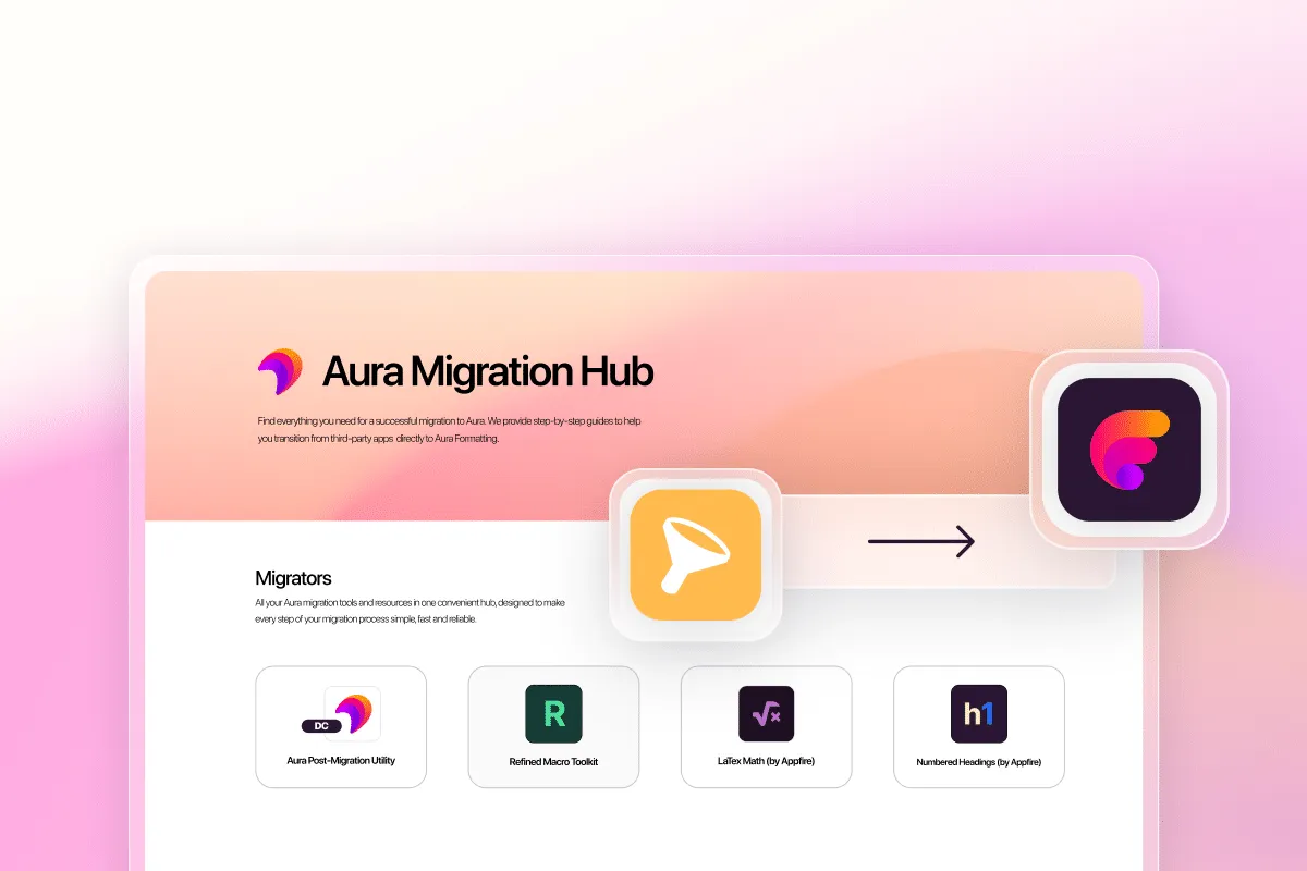 Aura Migration Hub showing the Stiltsoft Table Filter to Aura Table Filter migration path in Confluence Cloud