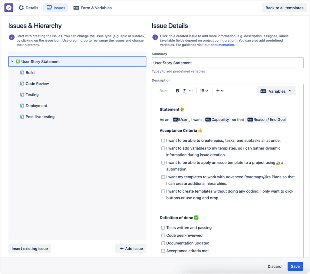 Jira user story template overview