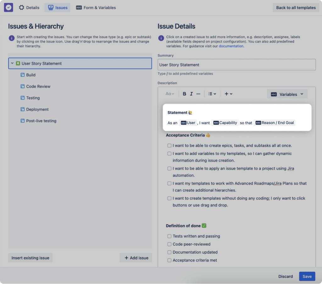 User story statement template