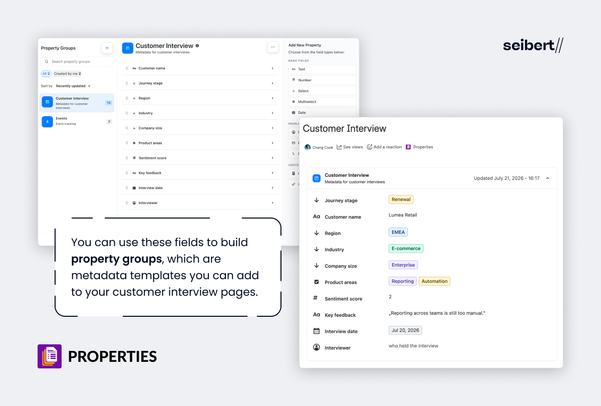 Property group editor listing customer interview fields next to a filled-in property group on a Confluence page