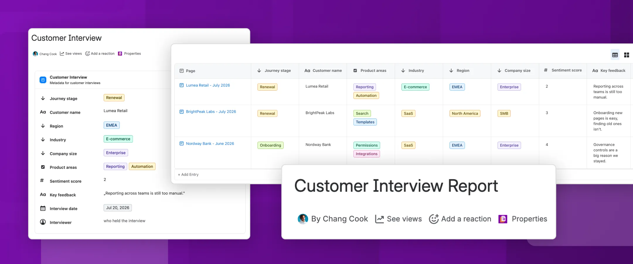 A customer interview report in Confluence with columns for region, industry, and sentiment score.