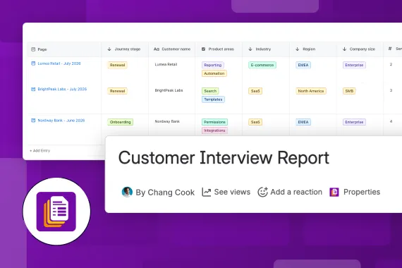 A customer interview report in Confluence with columns for region, industry, and sentiment score.