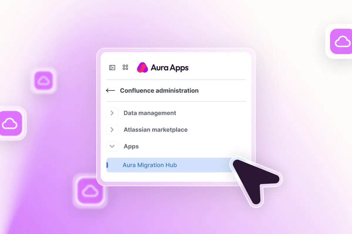 Confluence administration sidebar navigating to Apps and selecting Aura Migration Hub for LaTeX Math migration