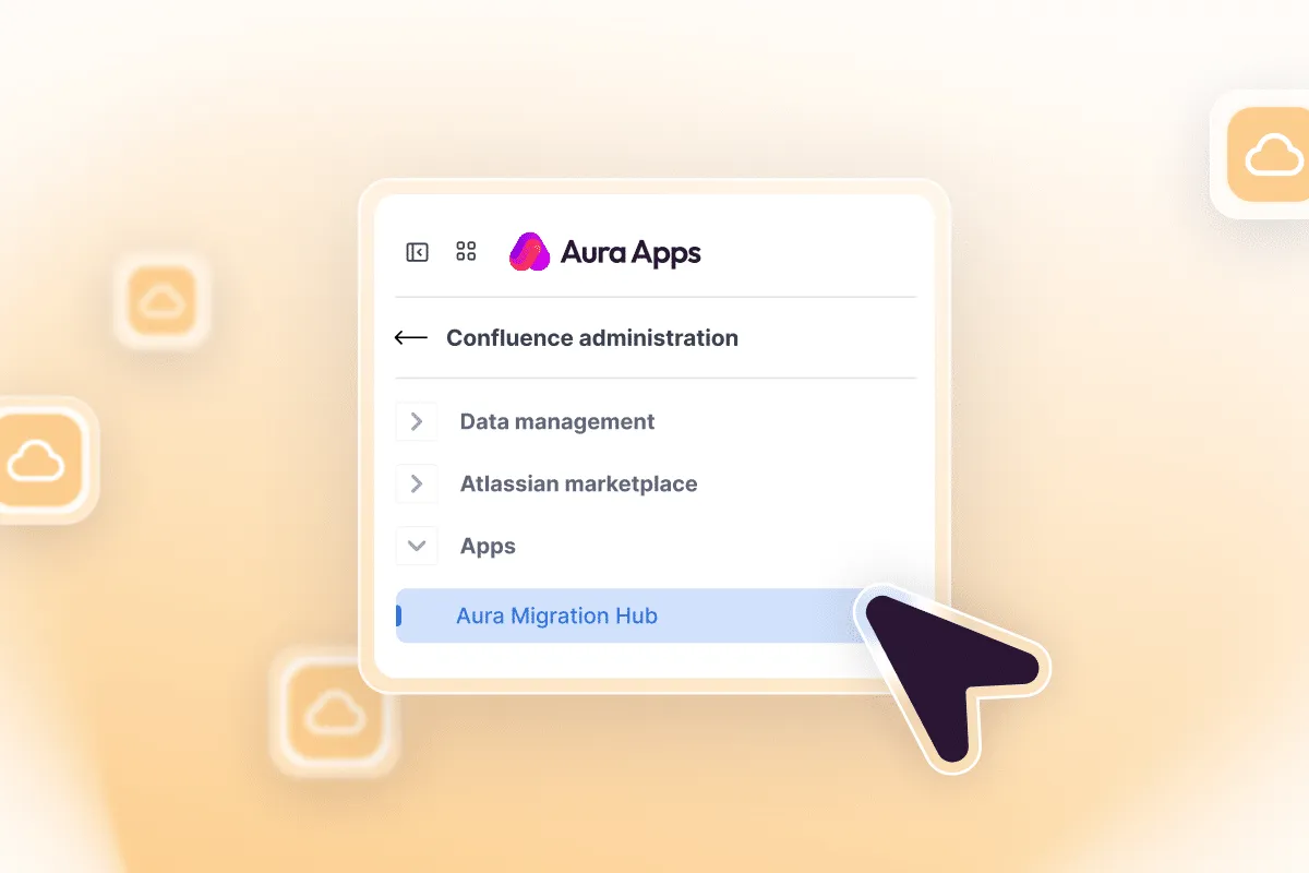Confluence administration sidebar navigating to Apps and selecting Aura Migration Hub