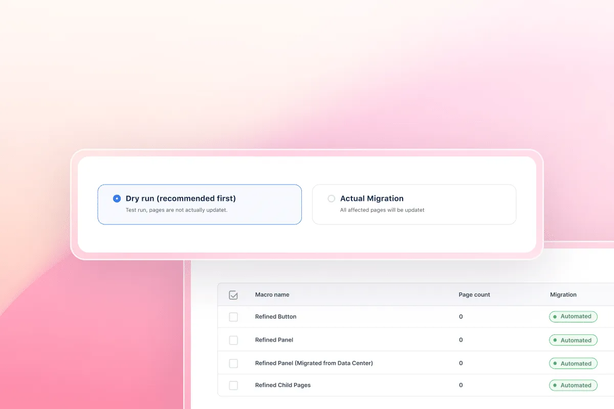 Aura Migration Hub showing Dry Run and Actual Migration options with macro overview table listing Refined Button, Panel, and Child Pages