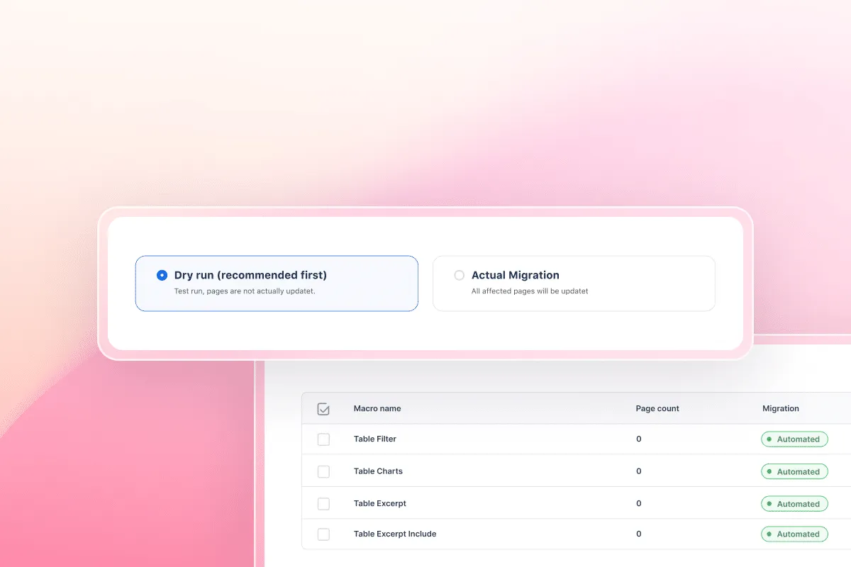 Aura Migration Hub showing Dry Run and Actual Migration options with macro table listing Table Filter, Table Charts, Table Excerpt, and Table Excerpt Include