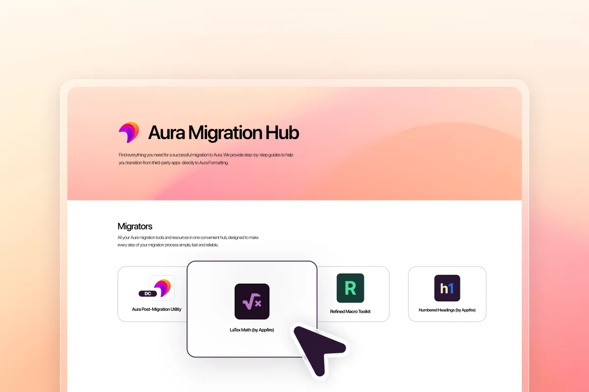 Aura Migration Hub dashboard with migrator tiles – cursor selecting the LaTeX Math by Appfire tile