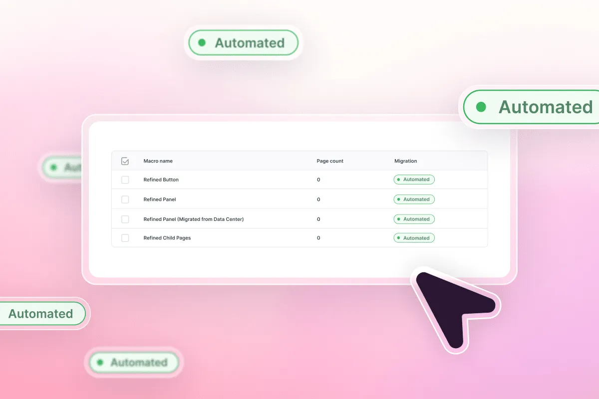 Macro analysis table in the Aura Migration Hub showing automated migration status for Refined Button, Panel, and Child Pages macros