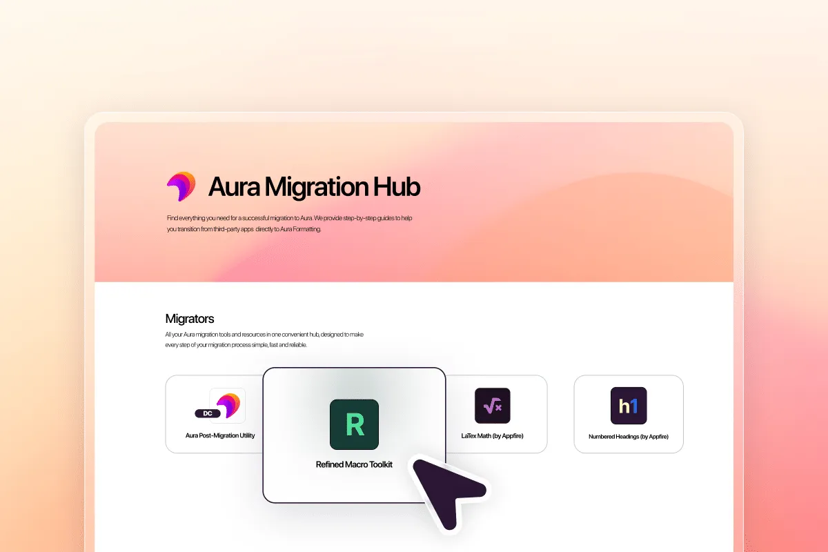 Aura Migration Hub dashboard with migrator tiles – cursor selecting the Refined Macro Toolkit tile