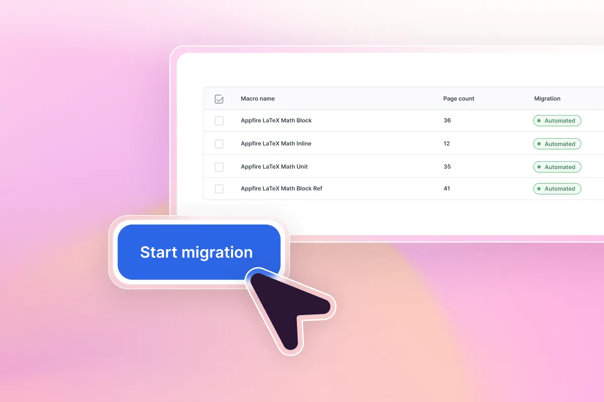 Cursor clicking the blue Start Migration button in the Aura Migration Hub below the Appfire LaTeX Math macro table