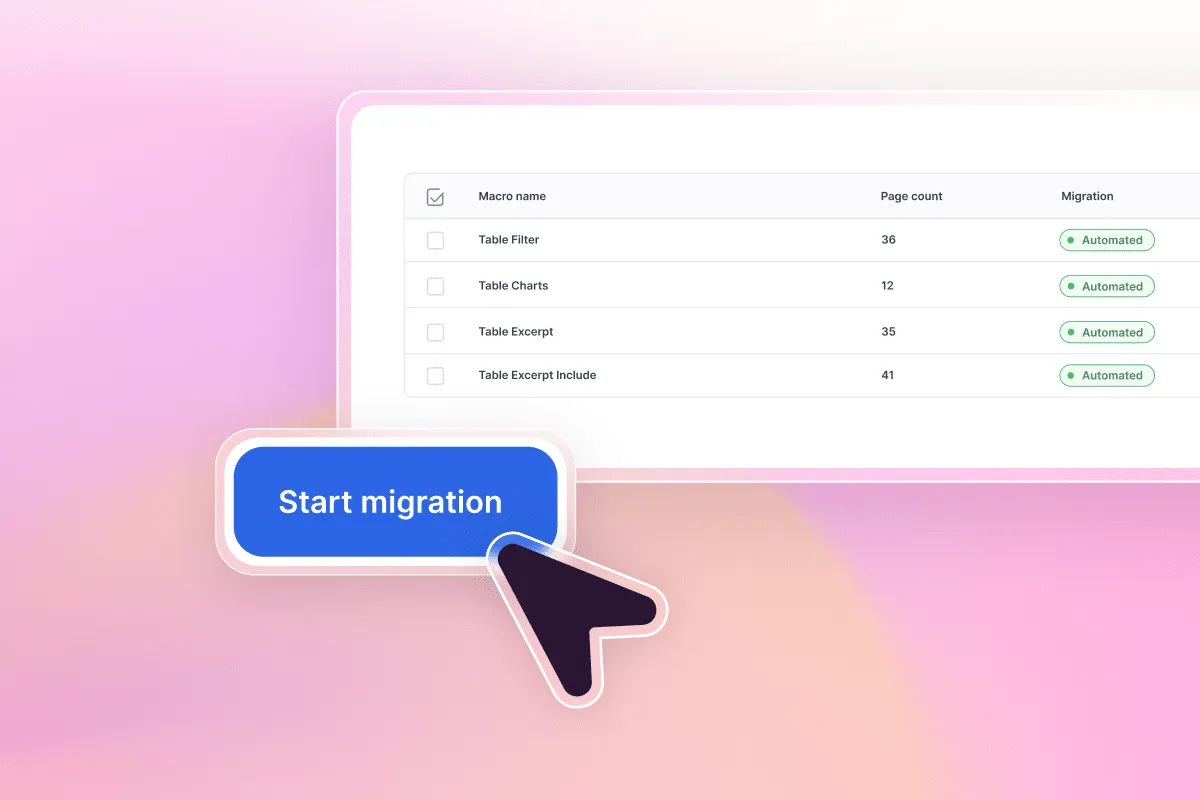 Cursor clicking the blue Start Migration button in the Aura Migration Hub below the Stiltsoft Table Filter macro table