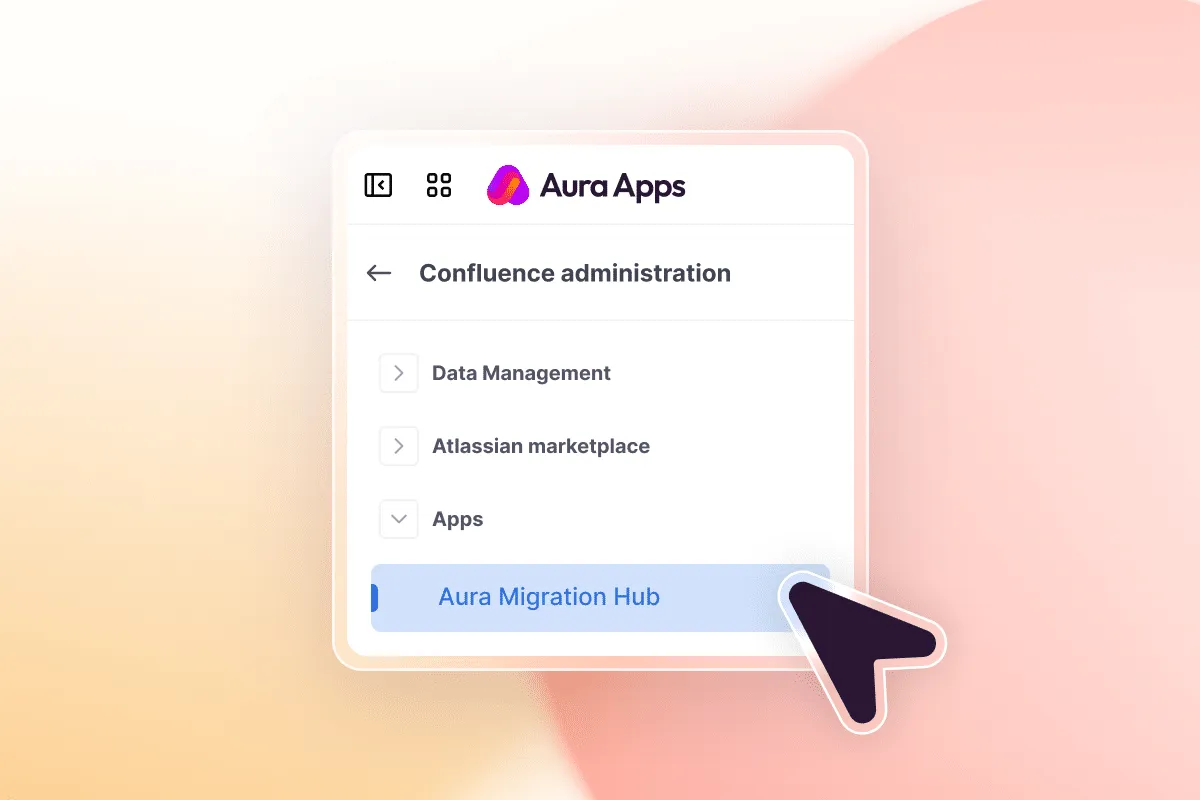 Dashboard of Aura Migration Hub displaying compatible apps including Workflows for Confluence by AppFox and Comala Document Management.