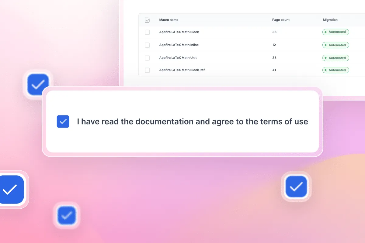 Terms of use confirmation checkbox in the Aura Migration Hub with LaTeX Math macro table showing page counts before starting migration