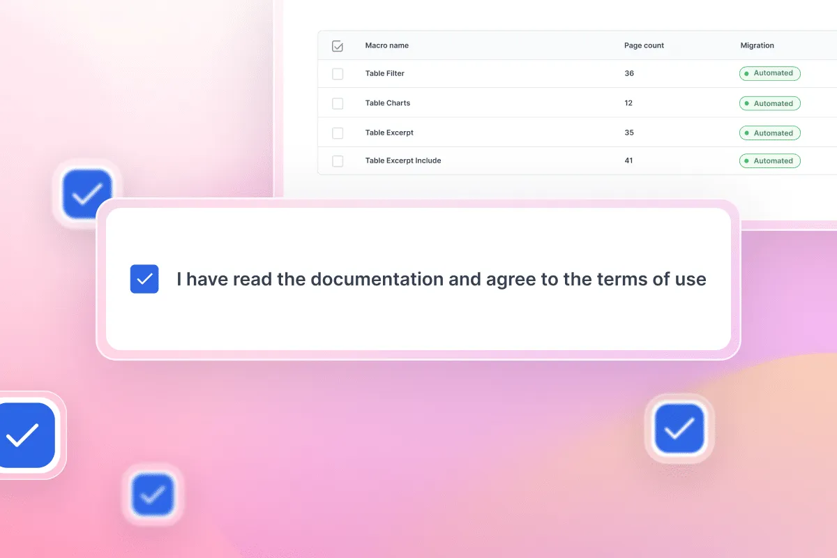 Terms of use confirmation checkbox in the Aura Migration Hub with Stiltsoft Table Filter macro table showing page counts before starting migration