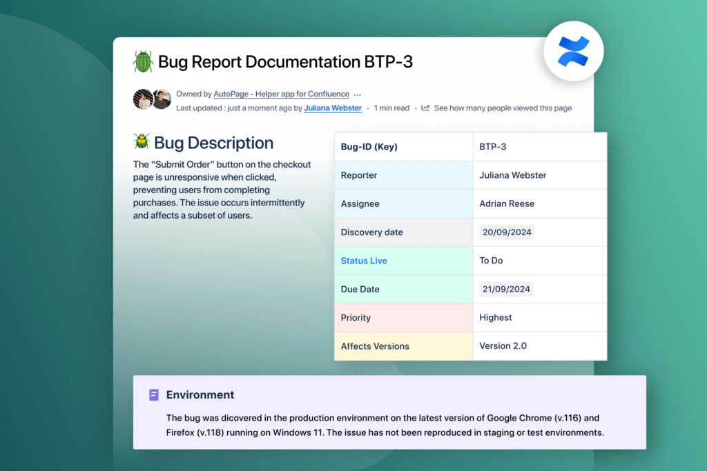 AutoPage bug documentation in Confluence