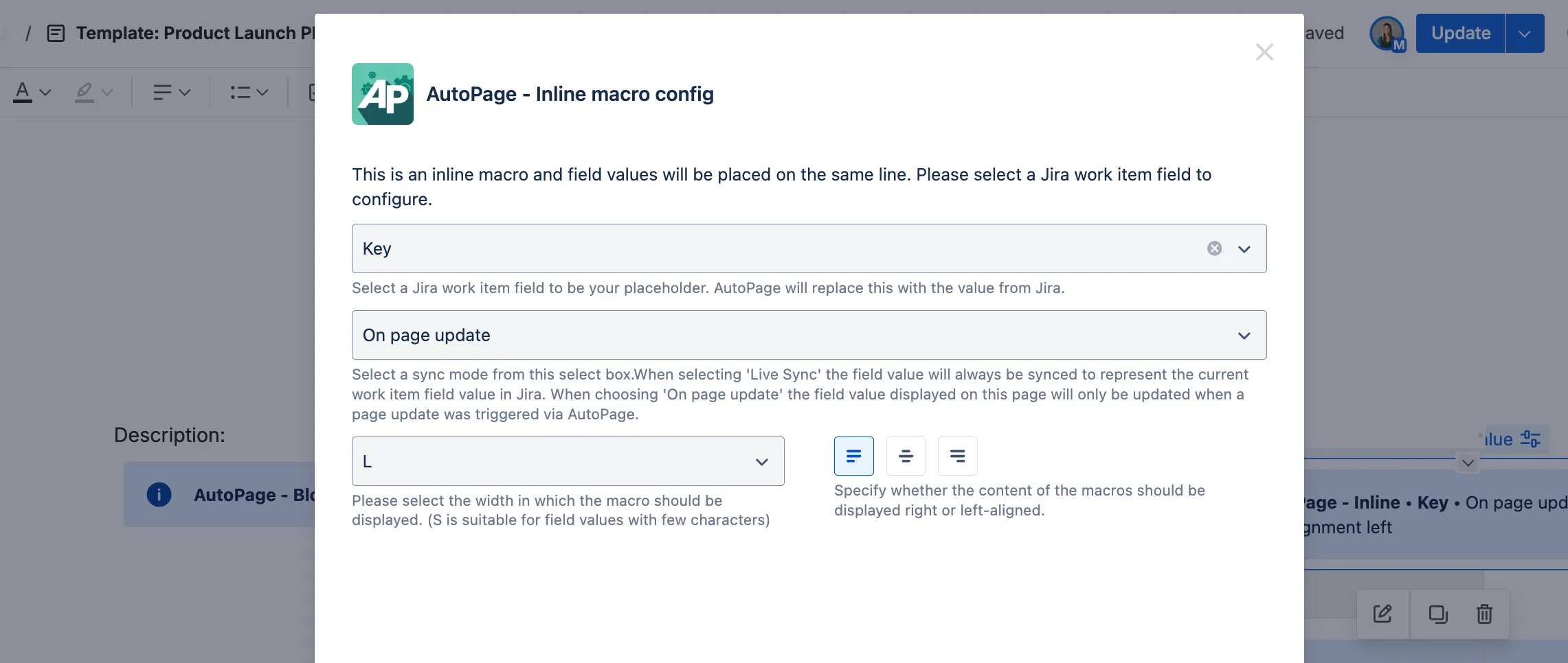 A screenshot of AutoPage: An app that automatically creates and updates Confluence pages from Jira. The screenshot shows setting up a macro. 