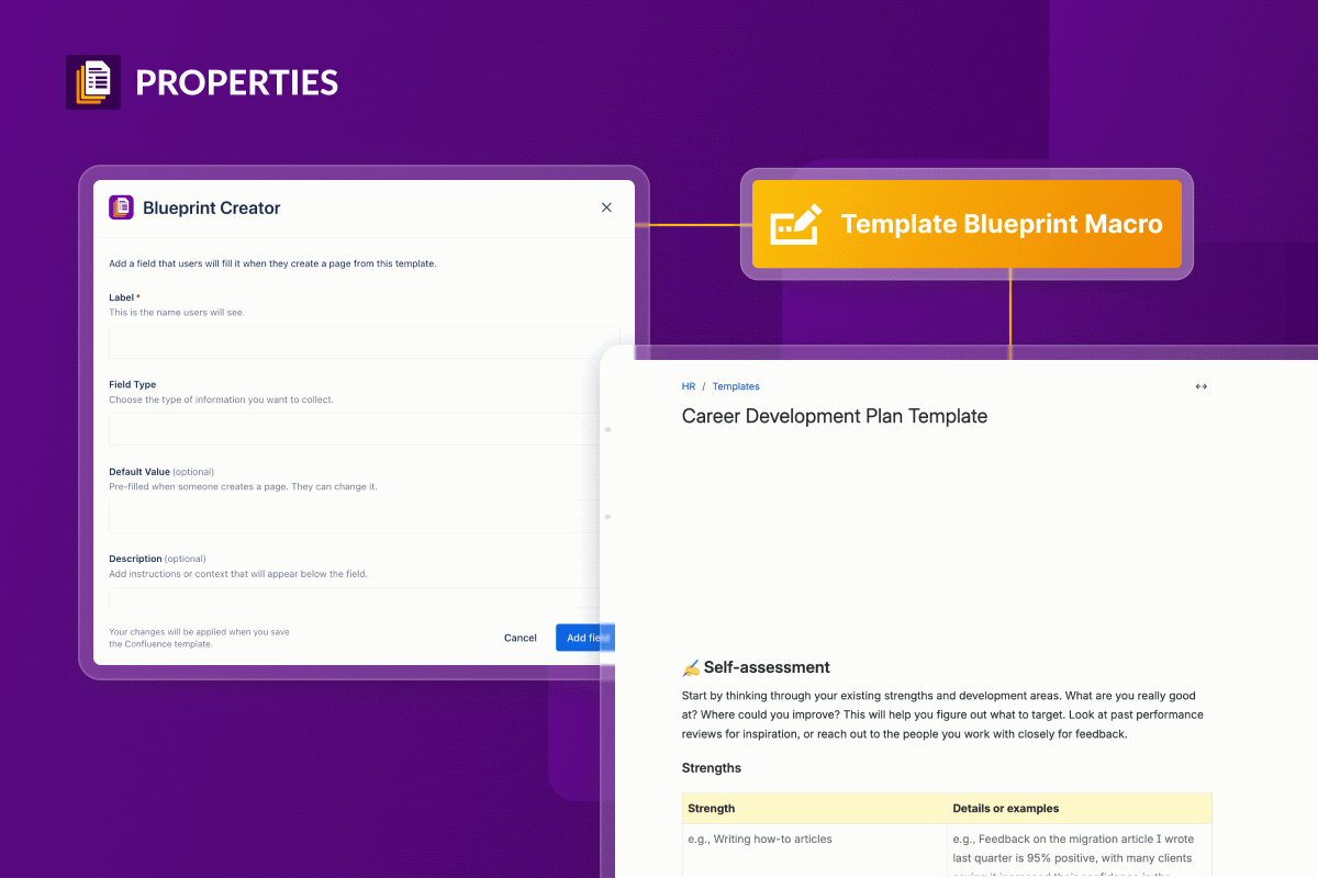 Adding a field to a Confluence template with the Template Blueprint Macro, and the Career Development Plan template it produces