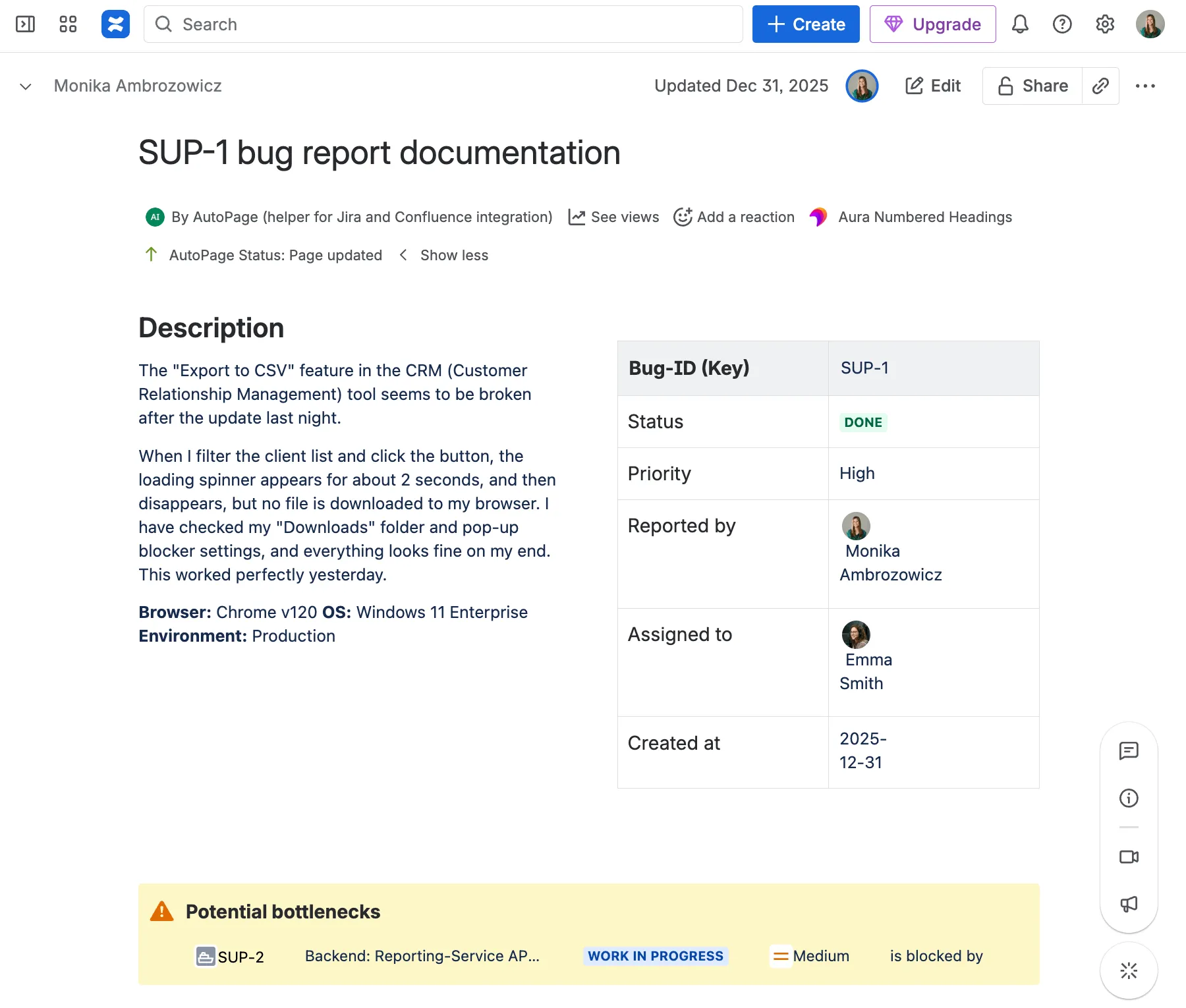 A Confluence page automatically created from the work item with AutoPage