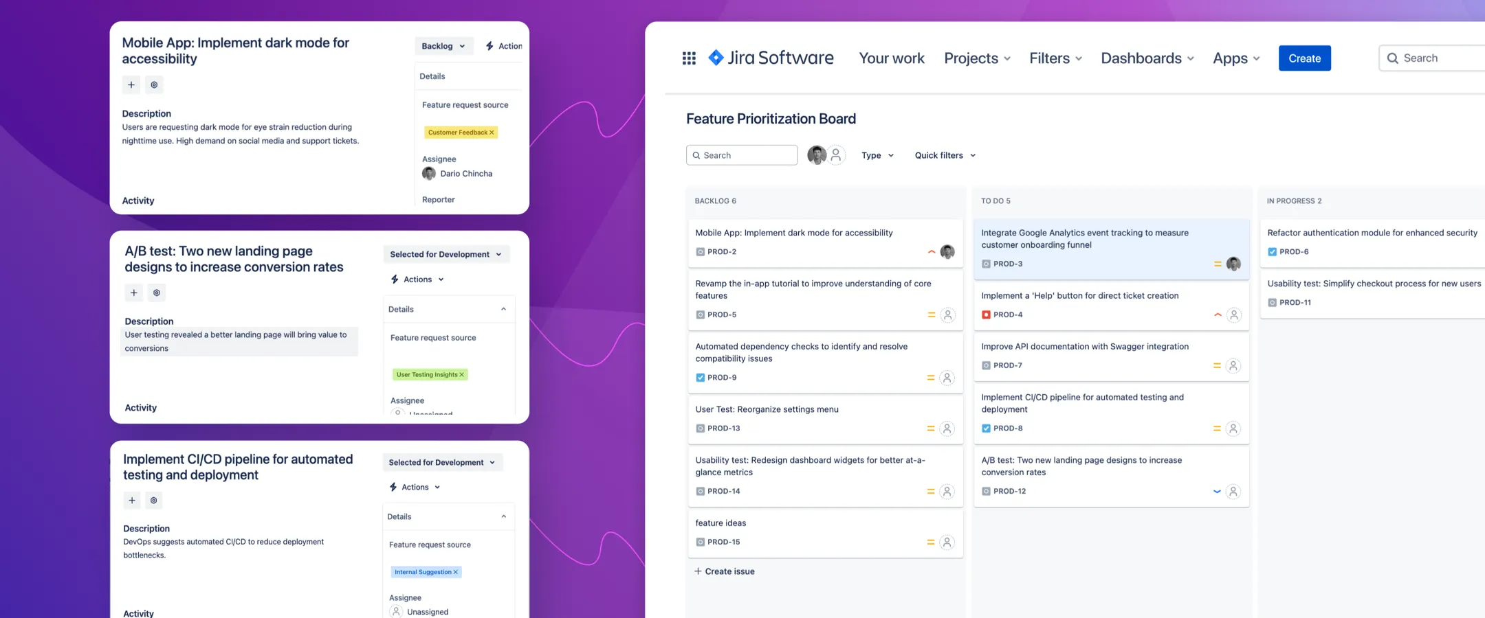 Jira work items tagged with colored Customer Feedback, User Testing Insights, and Internal Suggestion labels next to a feature prioritization board