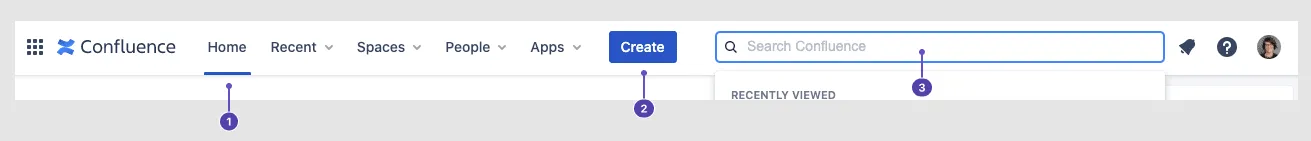 Confluence navigation bar with default accent colors (not themed)