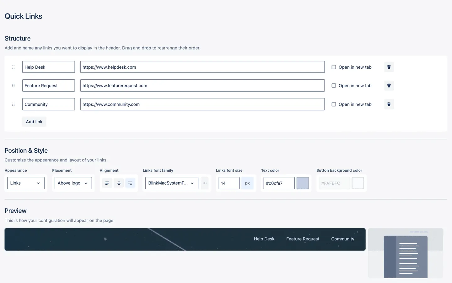 Spacecraft quick links menu
