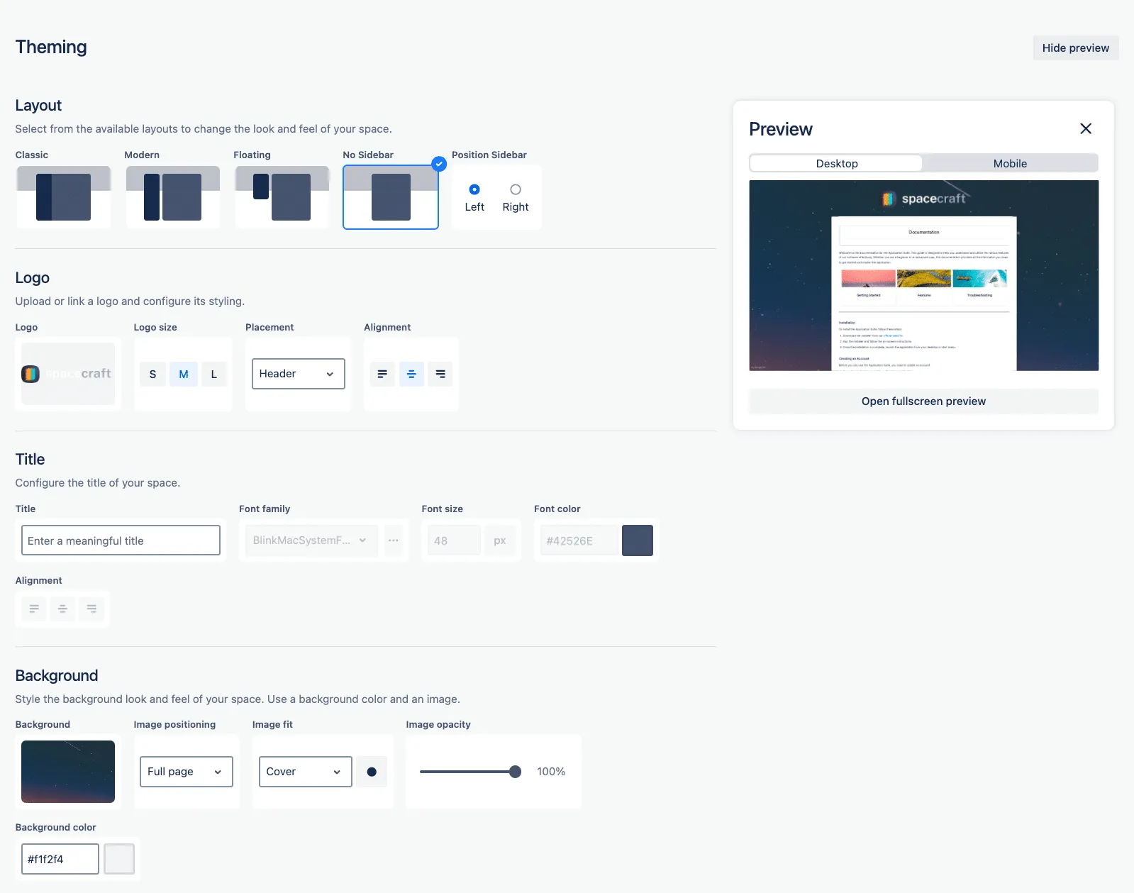 Spacecraft theming overview for Confluence public spaces