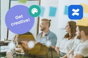 A team sitting in front of a whiteboard with sticky notes next to the Confluence logo and a "Get creative!" badge