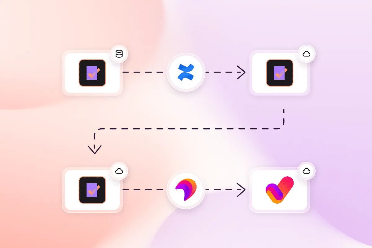 Diagram showing two migration paths for Comala Document Management: one via Confluence's built-in migration tool to Confluence Cloud, and one via the Aura Migration Hub to Aura for Confluence Cloud.