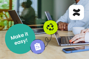 Two colleagues working on laptops at a shared desk next to the Confluence logo and a "Make it easy!" checklist badge