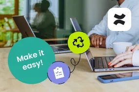Two colleagues working on laptops at a shared desk next to the Confluence logo and a "Make it easy!" checklist badge