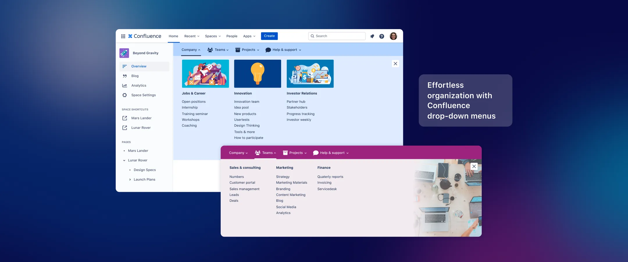 Confluence navigation drop-down menu