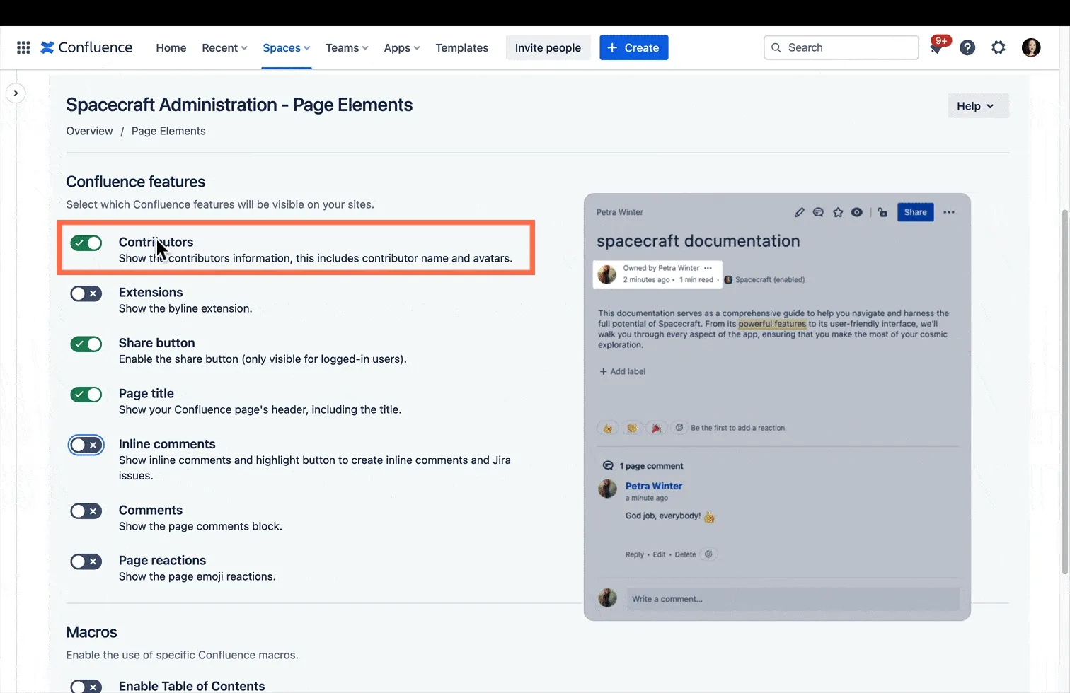 Toggling page elements on and off in Spacecraft