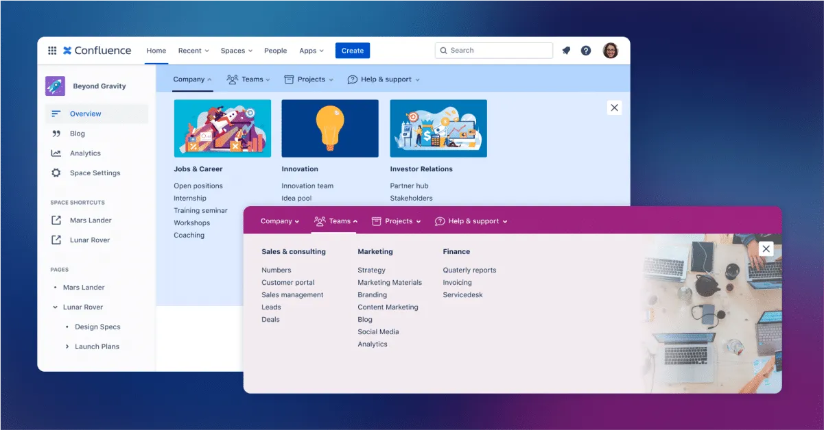 Image showing two different styles for navigation menus for Confluence