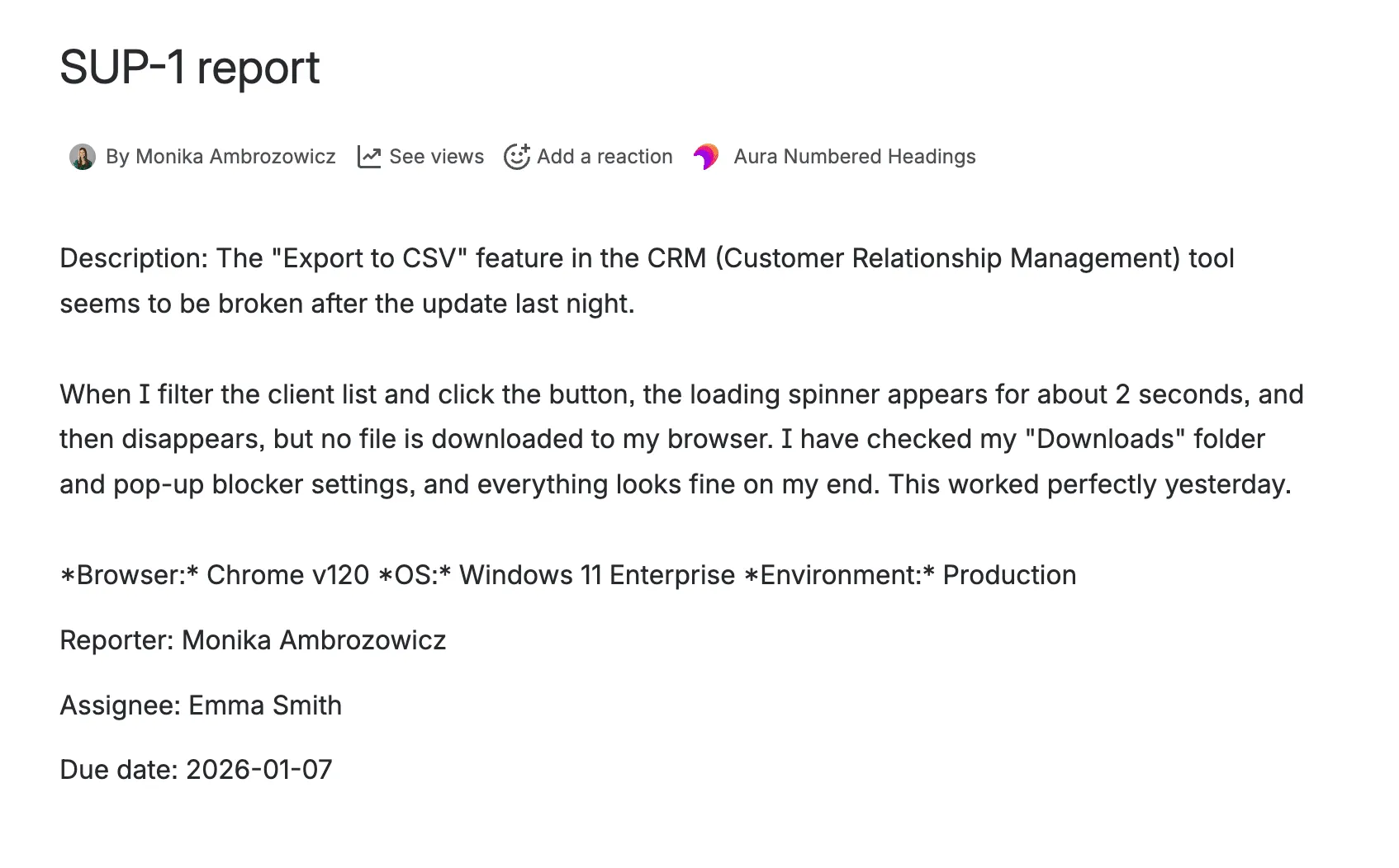 A screenshot from Confluence page created automatically from Create Confluence content button. The copy is in plain text and it doesn't have any formatting. 