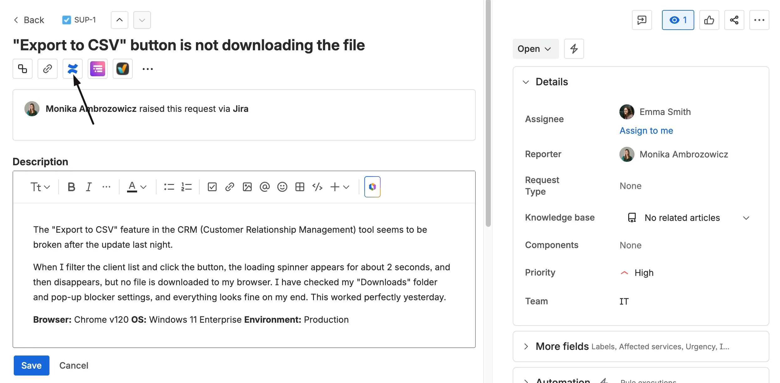 A screenshot from Jira presenting a button that creates a Cofnluence page from that Jira work button