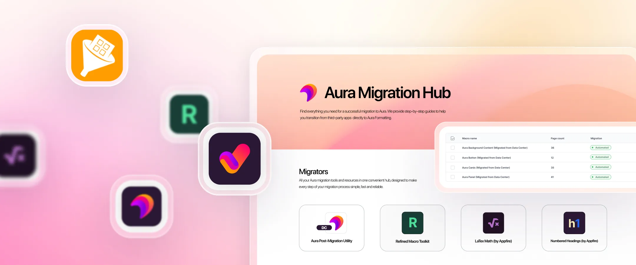 Aura Migration Hub dashboard in Confluence displaying available migration paths from third-party apps to Aura equivalents