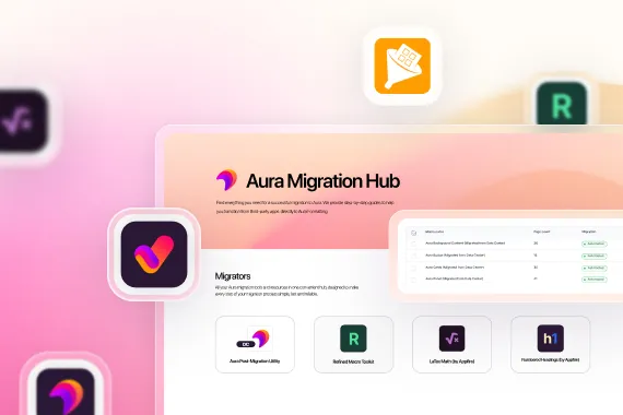 Aura Migration Hub dashboard in Confluence displaying available migration paths from third-party apps to Aura equivalents