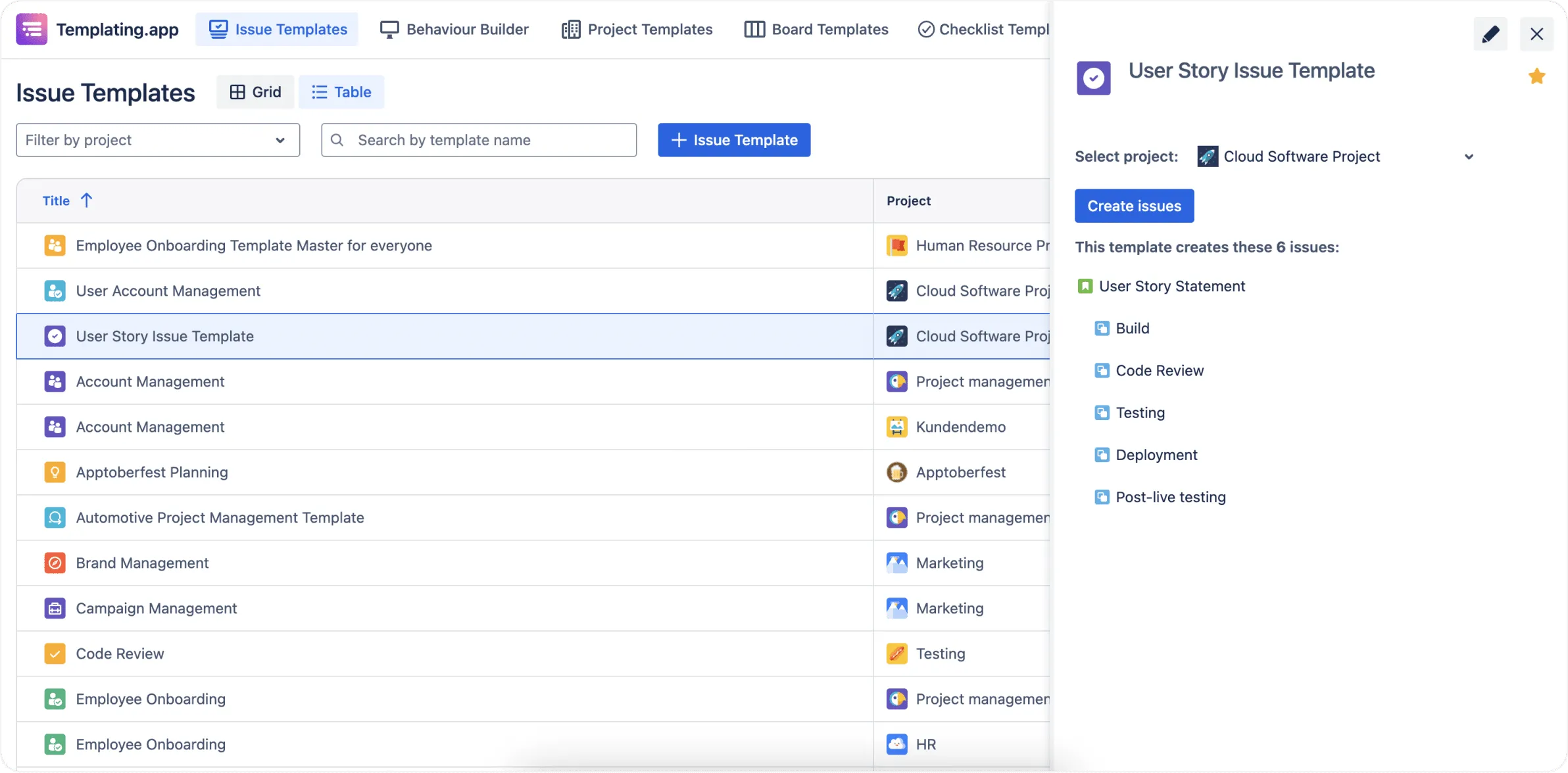 Selection of Jira Cloud User Story Template in Templating.app